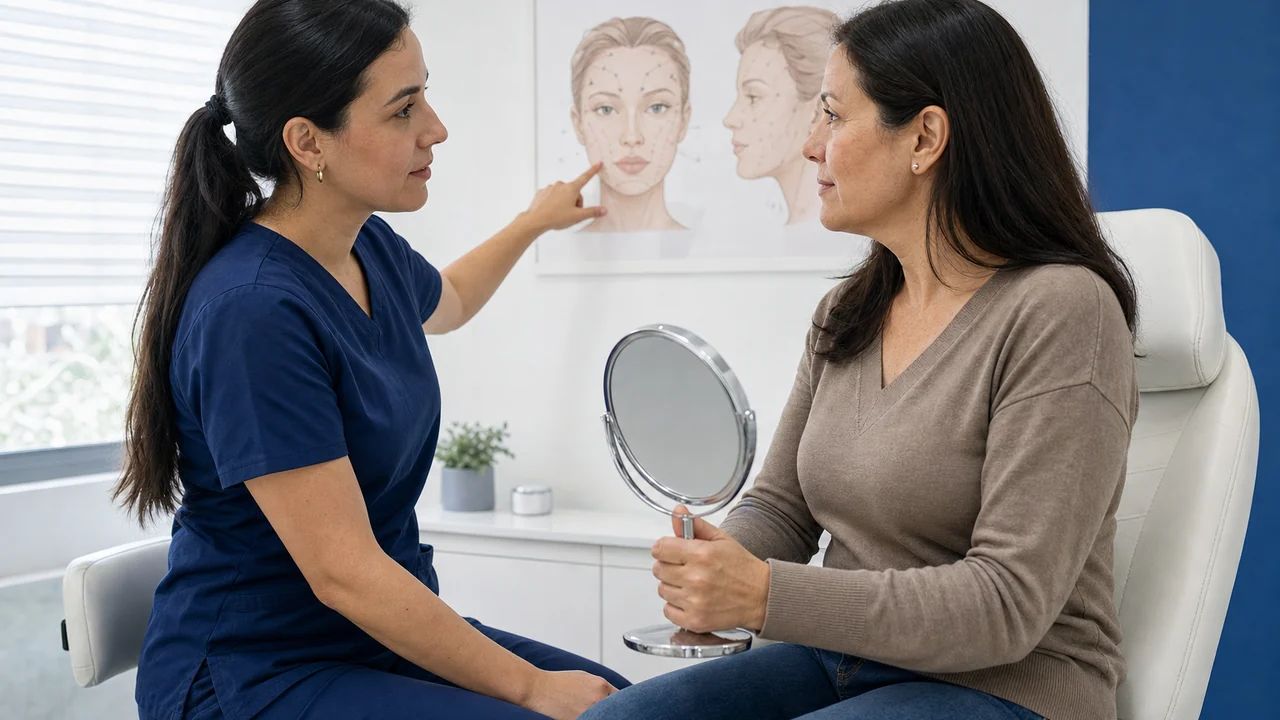 Simulación de una consulta de estética facial entre profesional y paciente